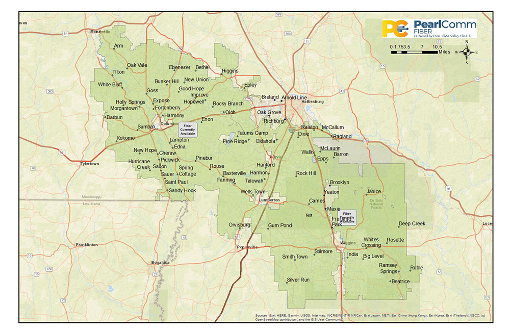 Fiber availability map for PearlComm fiber services.